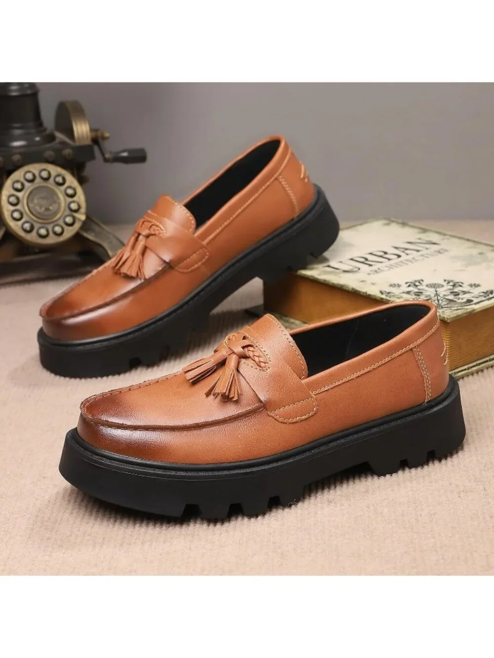 Men's Light Brown Patent Leather Loafers Chunky Heel Tassel Slip On Dress Shoes